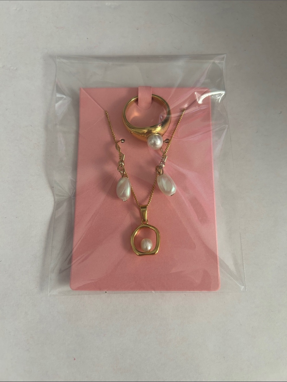 Gold Pearl Drop Necklace and Earring Set - Pink Card